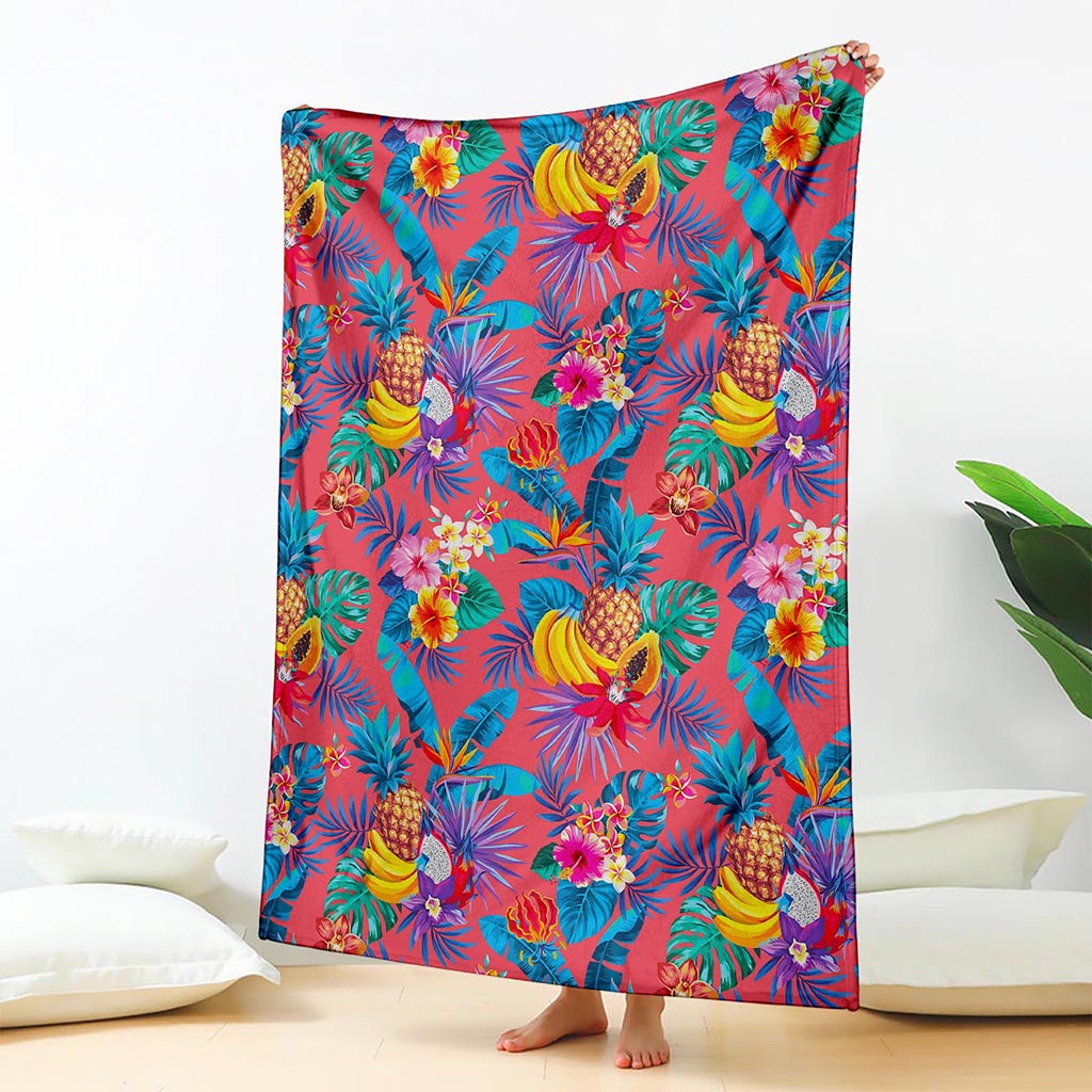 Pink Hawaiian Fruits Pattern Print Blanket