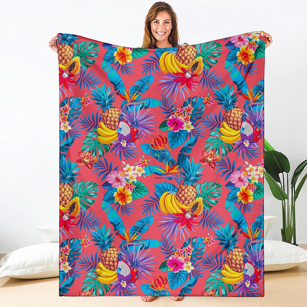 Pink Hawaiian Fruits Pattern Print Blanket