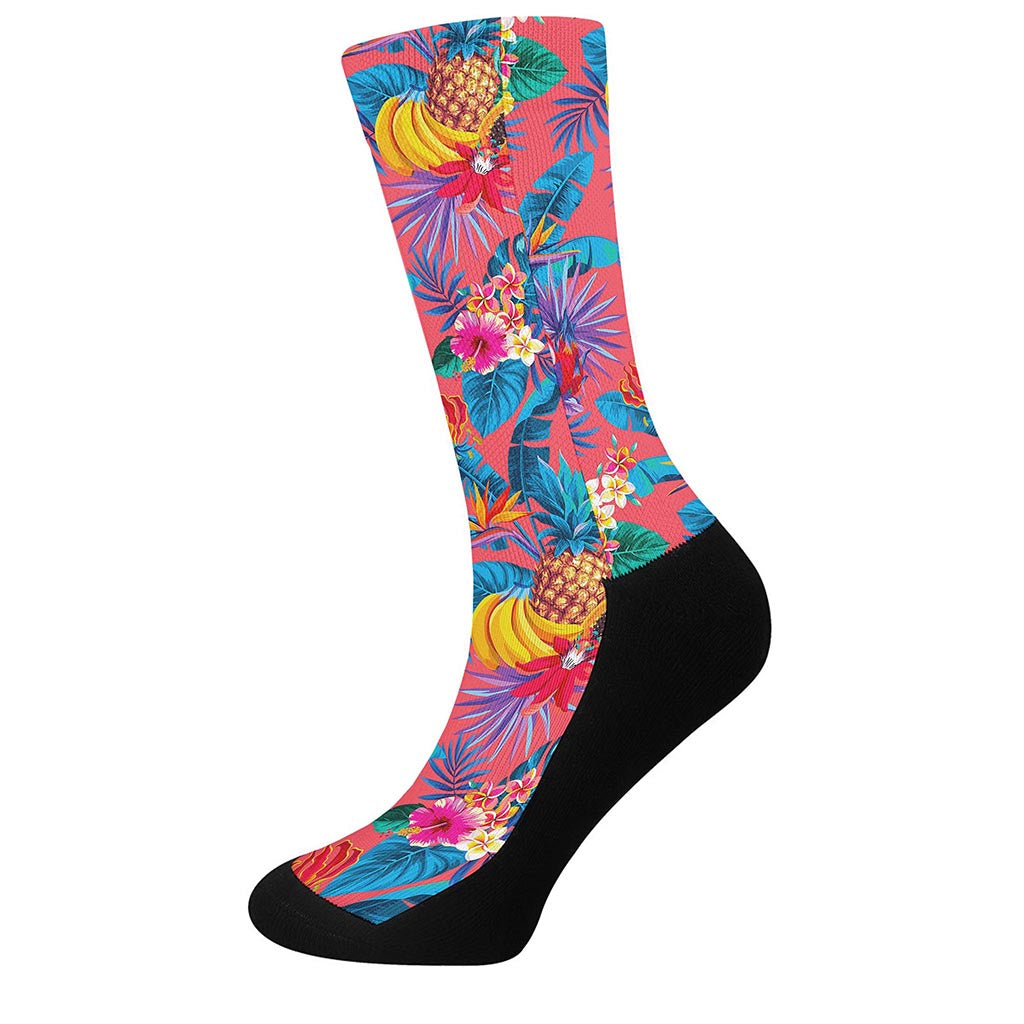 Pink Hawaiian Fruits Pattern Print Crew Socks