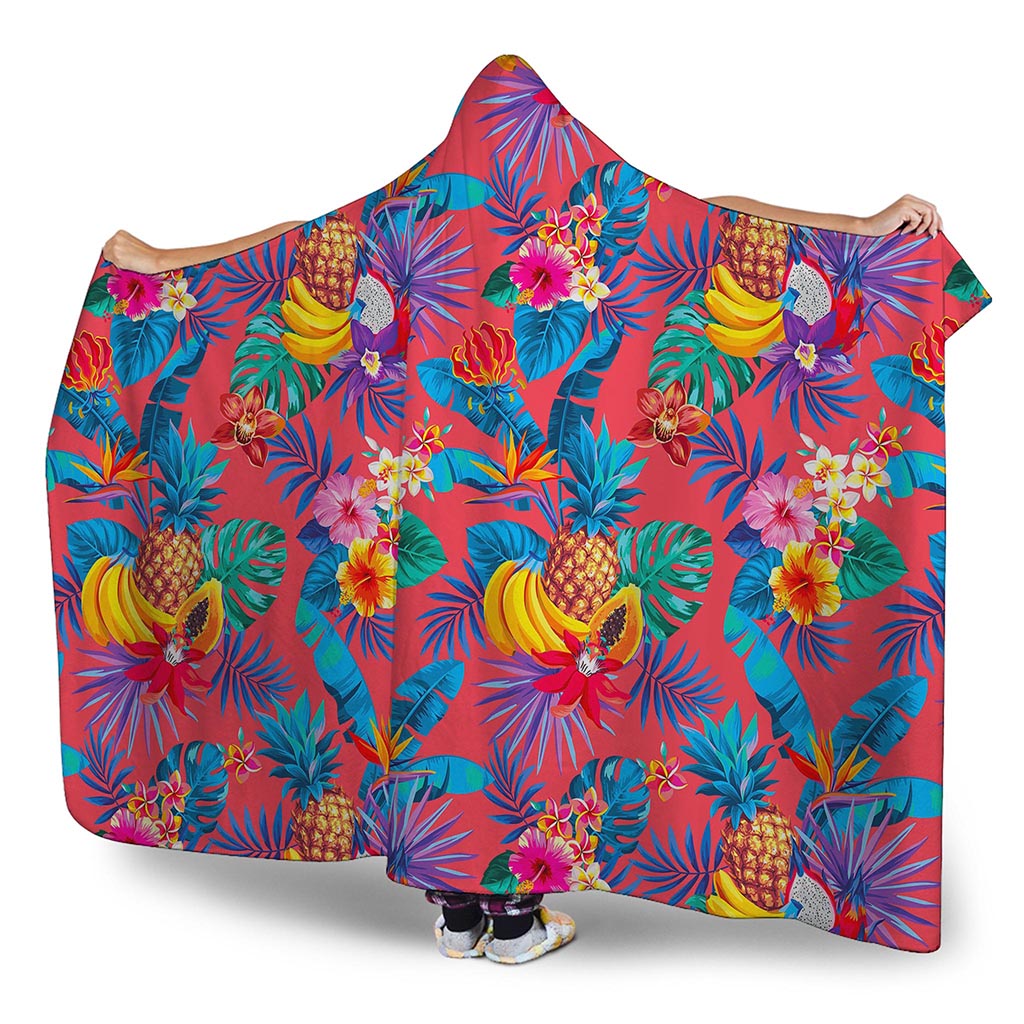 Pink Hawaiian Fruits Pattern Print Hooded Blanket
