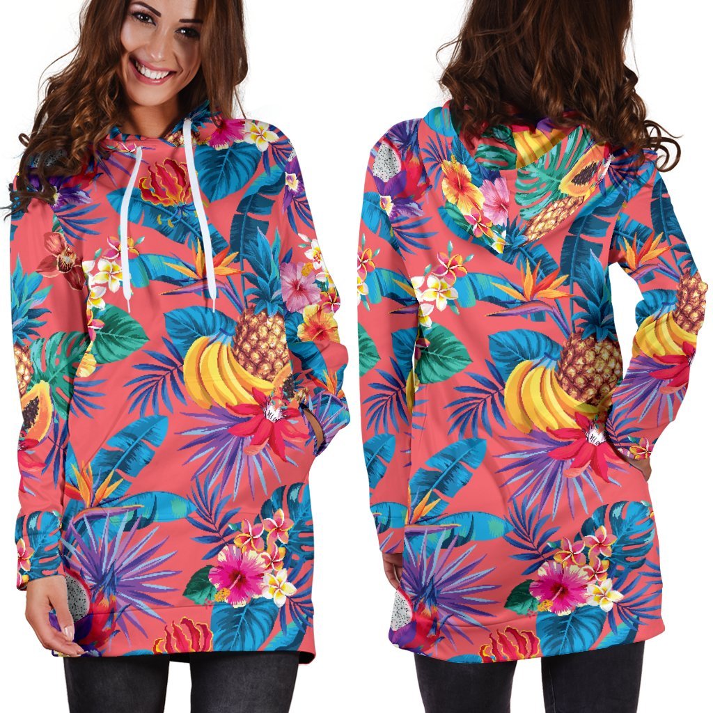 Pink Hawaiian Fruits Pattern Print Hoodie Dress GearFrost