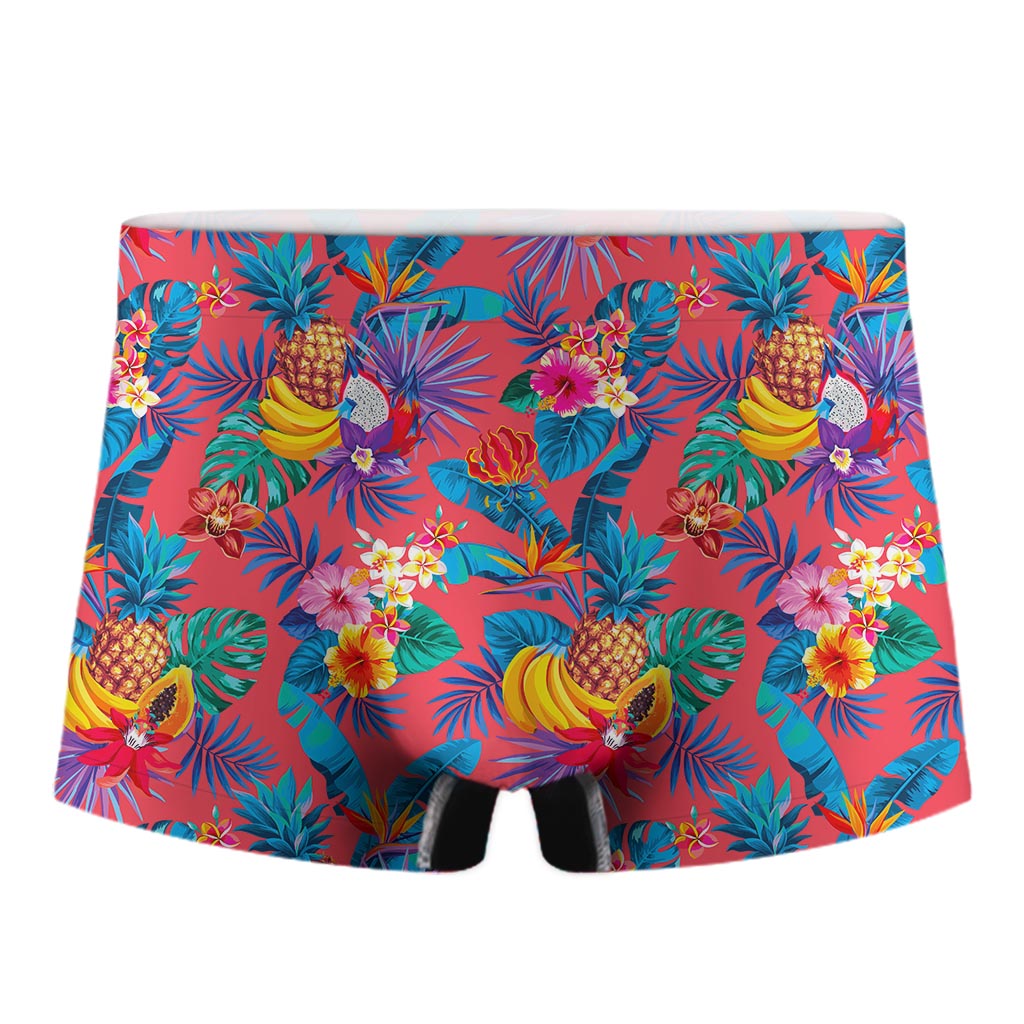 Pink Hawaiian Fruits Pattern Print Men's Boxer Briefs