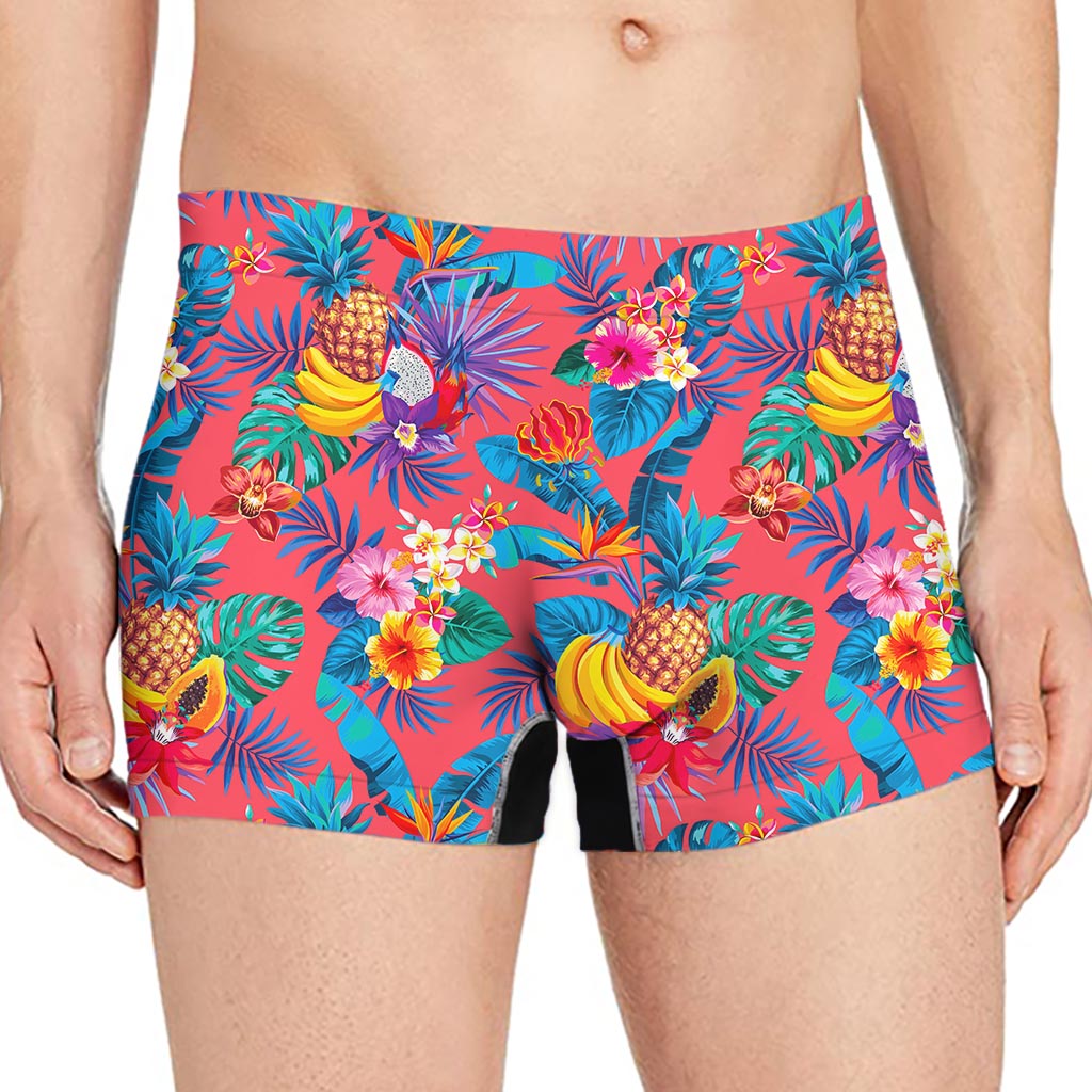 Pink Hawaiian Fruits Pattern Print Men's Boxer Briefs