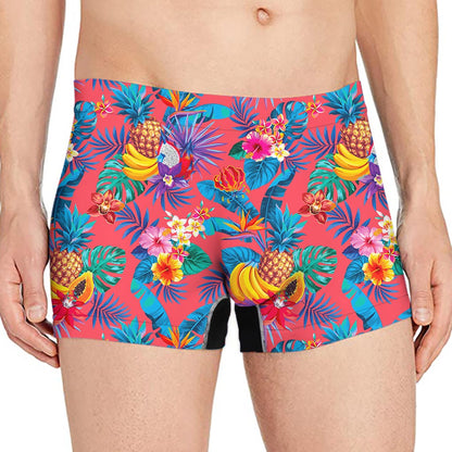 Pink Hawaiian Fruits Pattern Print Men's Boxer Briefs