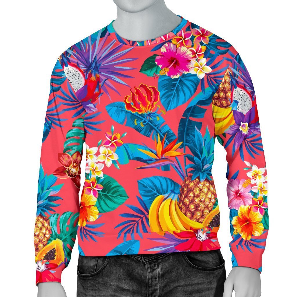 Pink Hawaiian Fruits Pattern Print Men's Crewneck Sweatshirt GearFrost