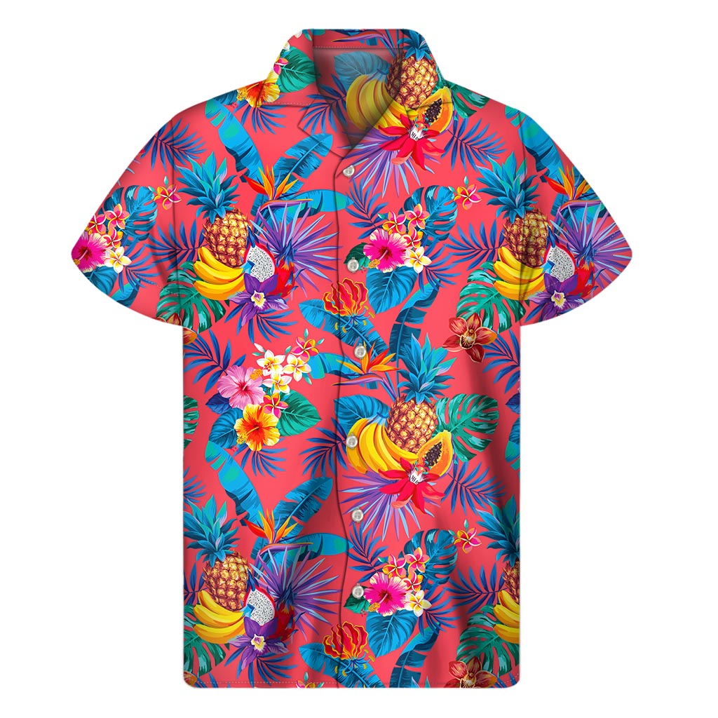 Pink Hawaiian Fruits Pattern Print Men's Short Sleeve Shirt