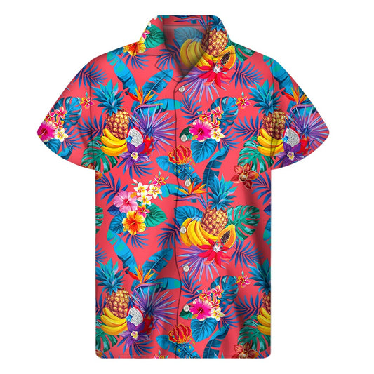 Pink Hawaiian Fruits Pattern Print Men's Short Sleeve Shirt