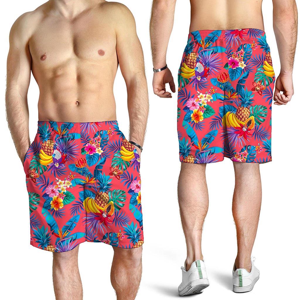 Pink Hawaiian Fruits Pattern Print Men's Shorts