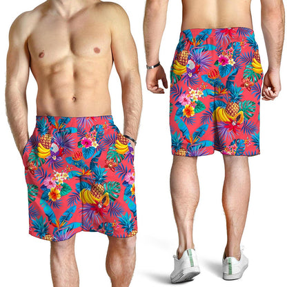 Pink Hawaiian Fruits Pattern Print Men's Shorts