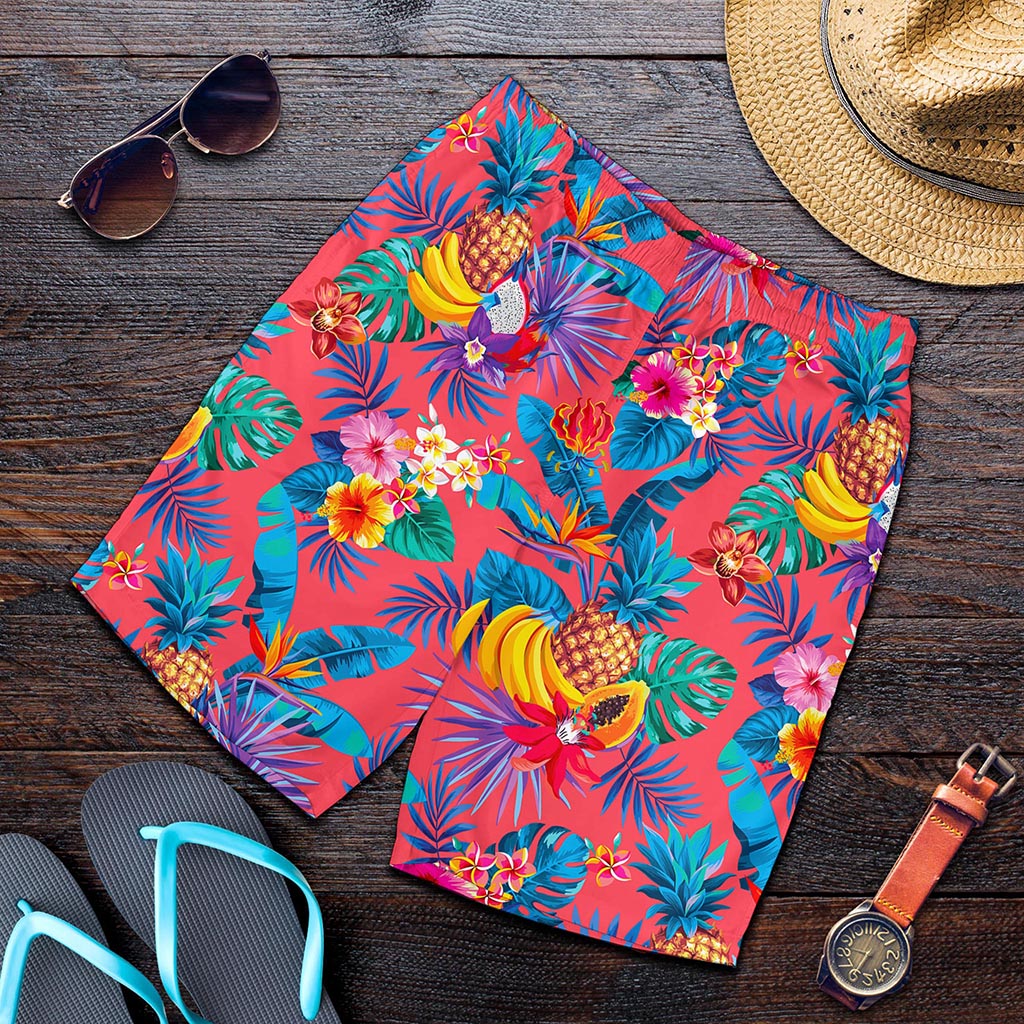 Pink Hawaiian Fruits Pattern Print Men's Shorts