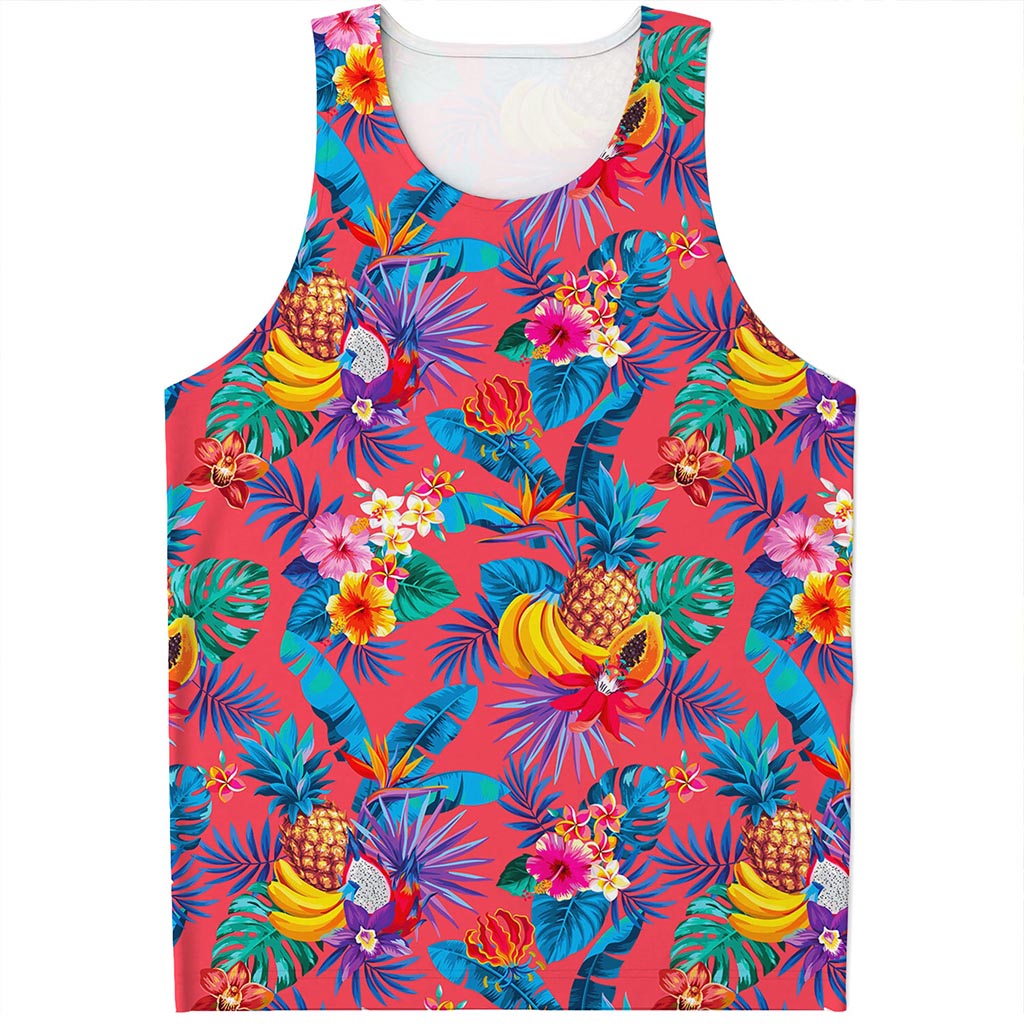 Pink Hawaiian Fruits Pattern Print Men's Tank Top