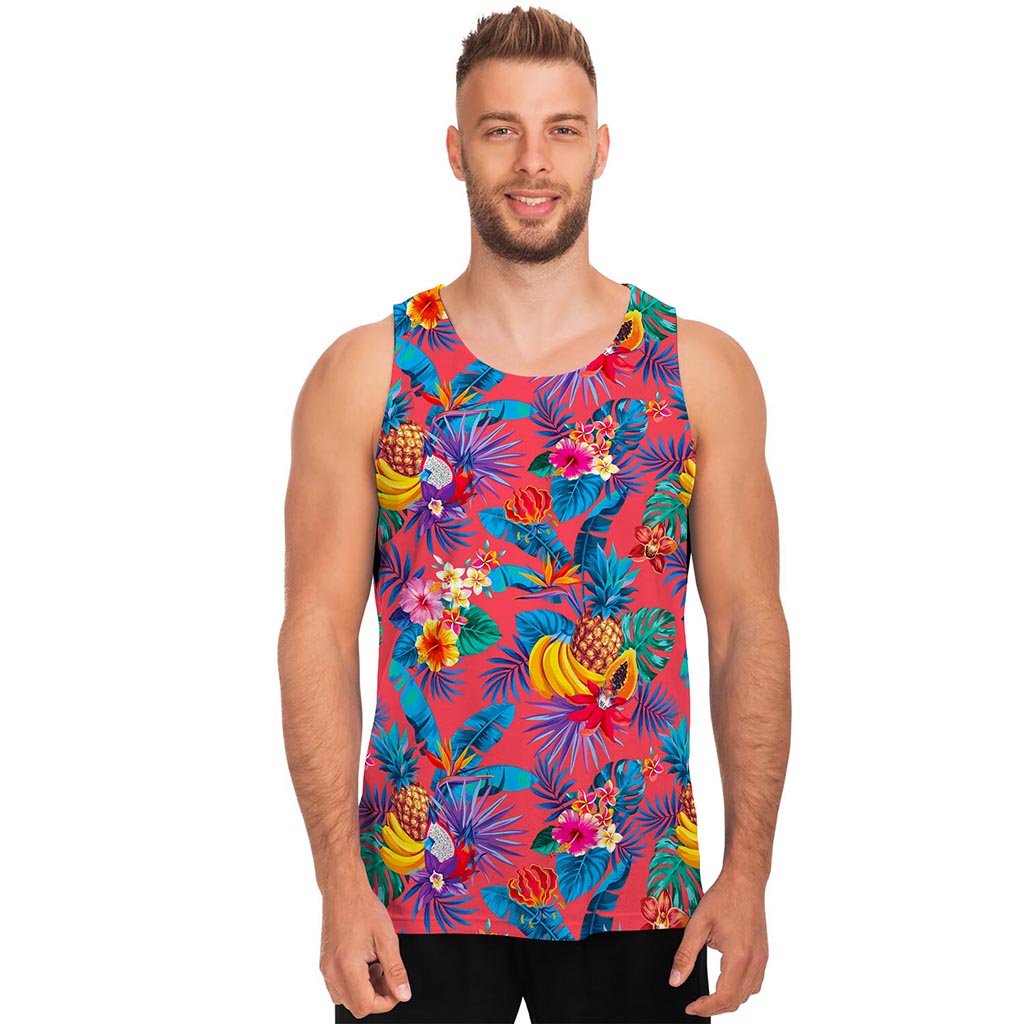 Pink Hawaiian Fruits Pattern Print Men's Tank Top
