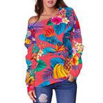 Pink Hawaiian Fruits Pattern Print Off Shoulder Sweatshirt GearFrost