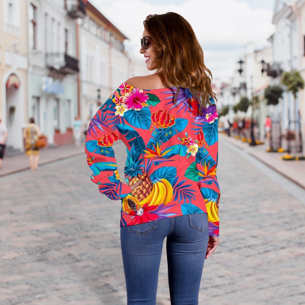 Pink Hawaiian Fruits Pattern Print Off Shoulder Sweatshirt GearFrost