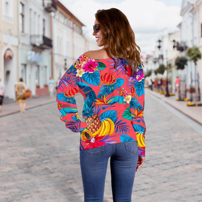 Pink Hawaiian Fruits Pattern Print Off Shoulder Sweatshirt GearFrost