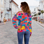 Pink Hawaiian Fruits Pattern Print Off Shoulder Sweatshirt GearFrost