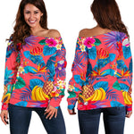 Pink Hawaiian Fruits Pattern Print Off Shoulder Sweatshirt GearFrost