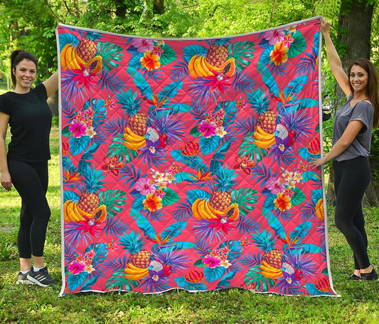 Pink Hawaiian Fruits Pattern Print Quilt
