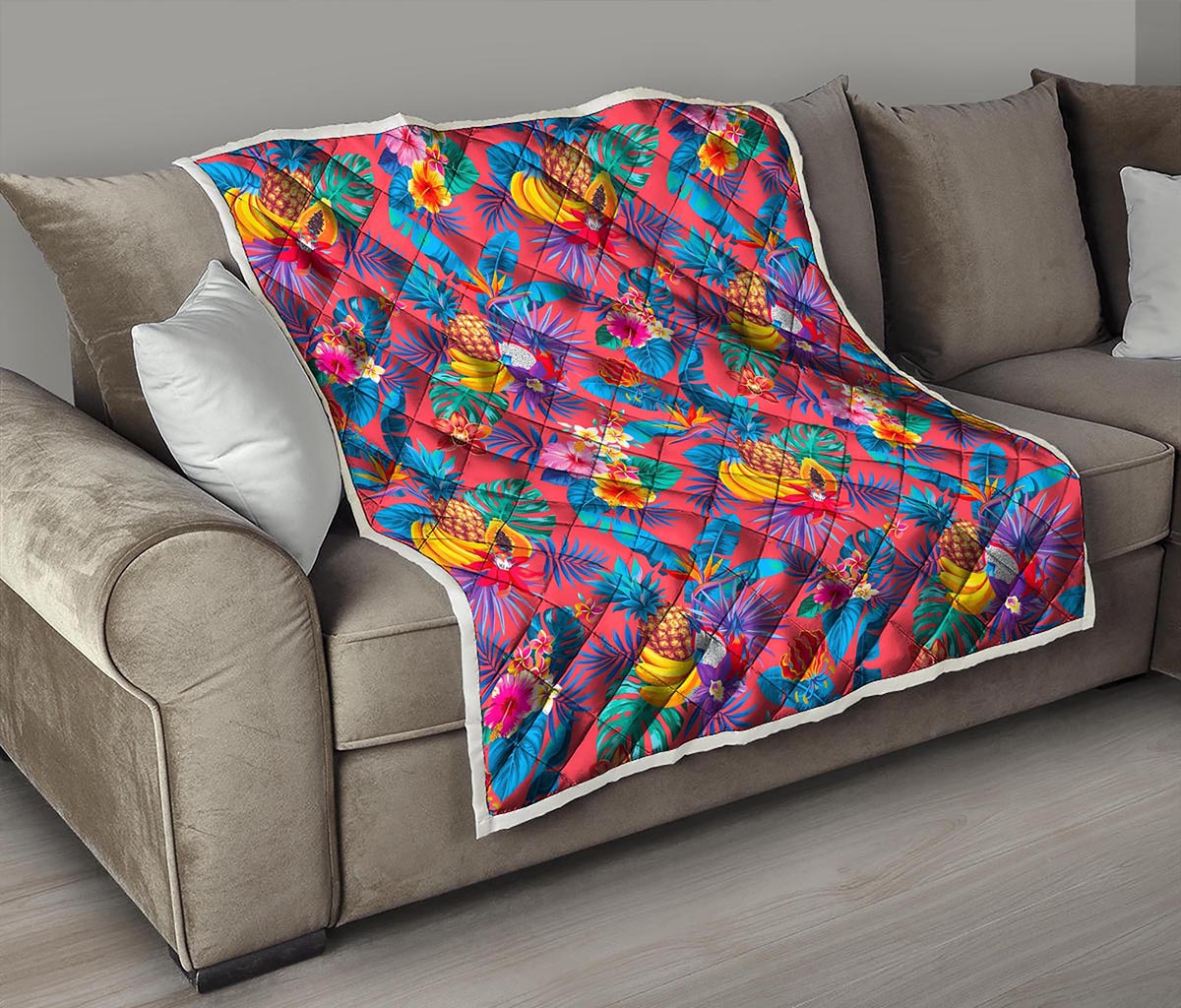 Pink Hawaiian Fruits Pattern Print Quilt