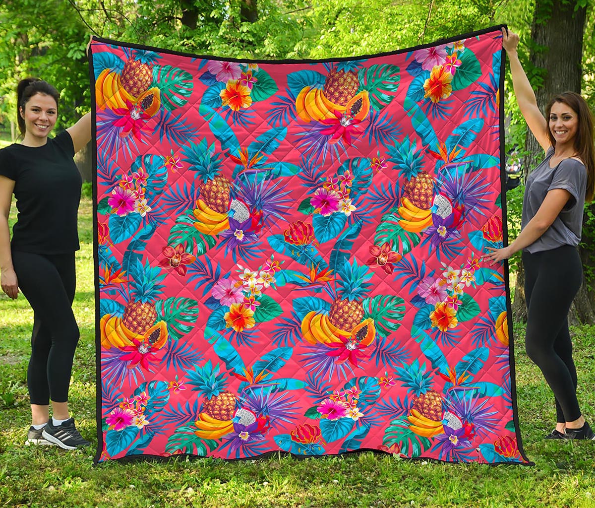 Pink Hawaiian Fruits Pattern Print Quilt