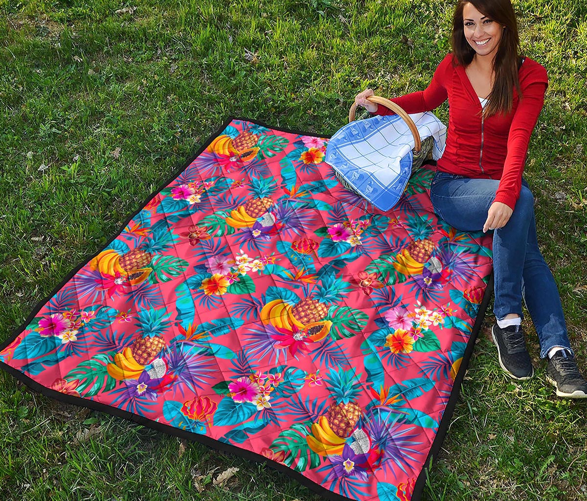 Pink Hawaiian Fruits Pattern Print Quilt