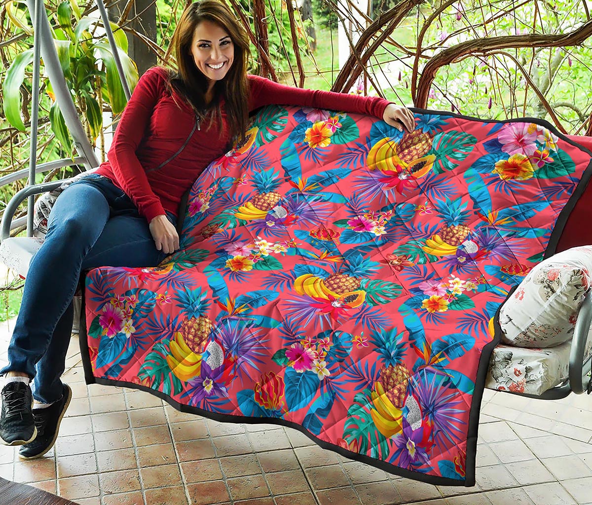 Pink Hawaiian Fruits Pattern Print Quilt