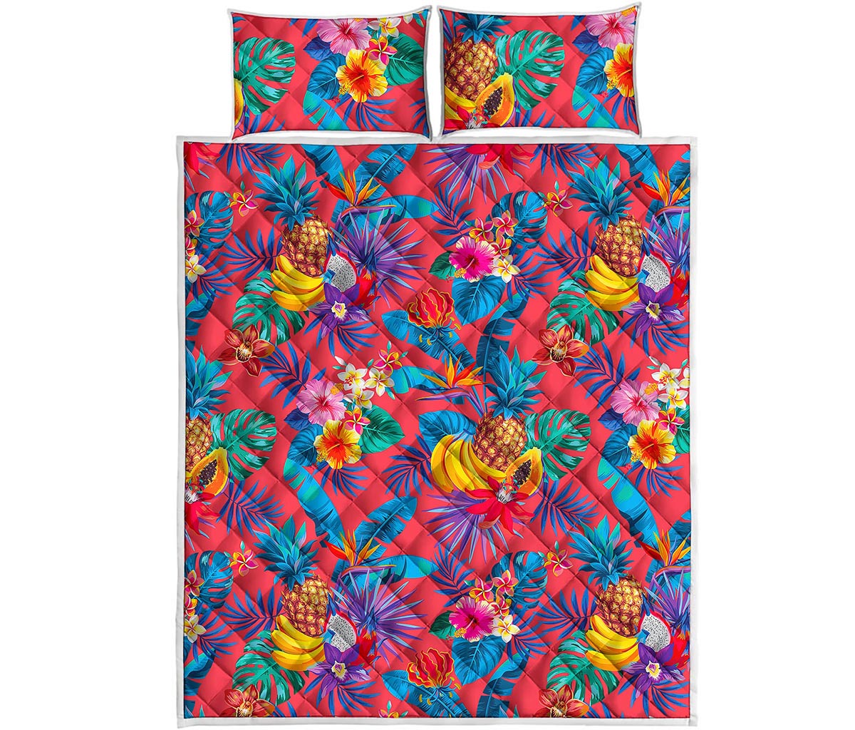 Pink Hawaiian Fruits Pattern Print Quilt Bed Set
