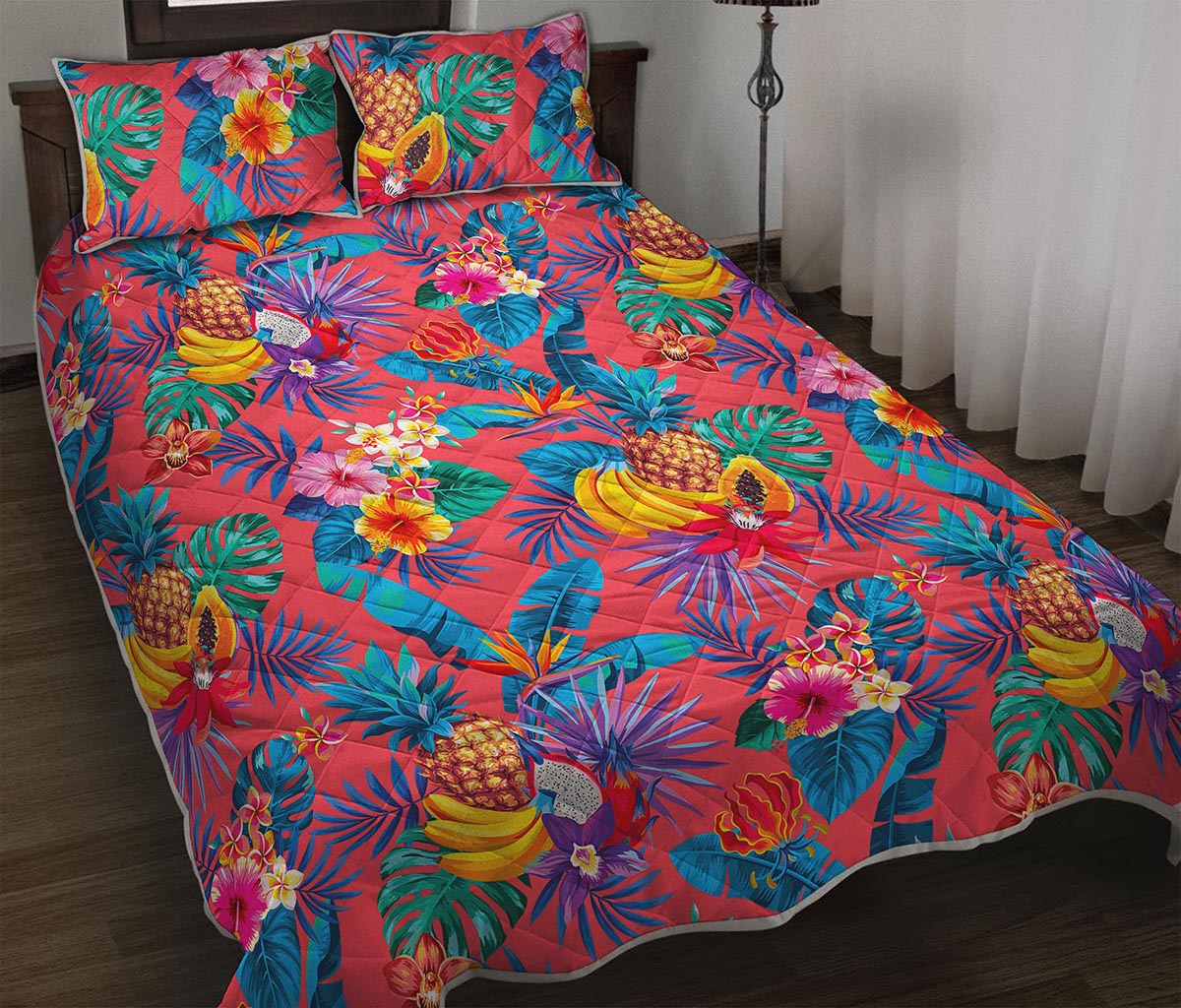 Pink Hawaiian Fruits Pattern Print Quilt Bed Set