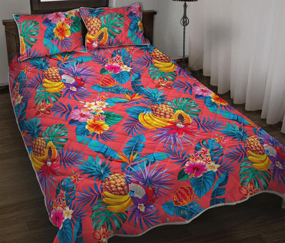 Pink Hawaiian Fruits Pattern Print Quilt Bed Set
