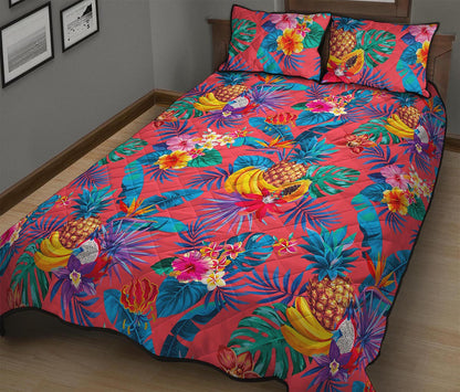 Pink Hawaiian Fruits Pattern Print Quilt Bed Set