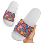 Pink Hawaiian Fruits Pattern Print White Slide Sandals
