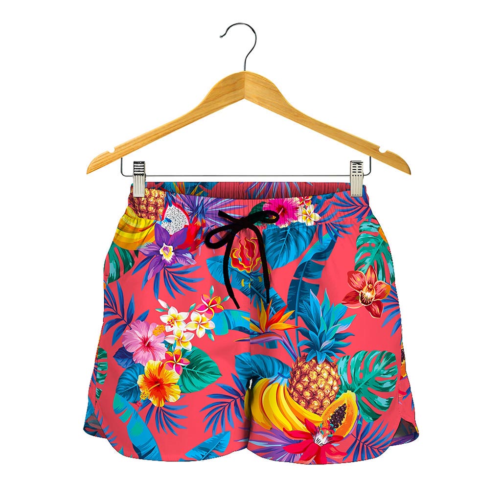 Pink Hawaiian Fruits Pattern Print Women's Shorts