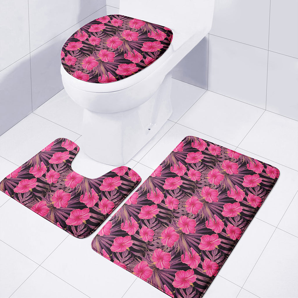 Pink Hawaiian Hibiscus Pattern Print 3 Piece Bath Mat Set