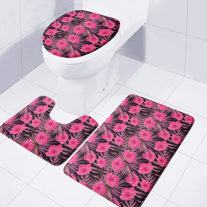 Pink Hawaiian Hibiscus Pattern Print 3 Piece Bath Mat Set