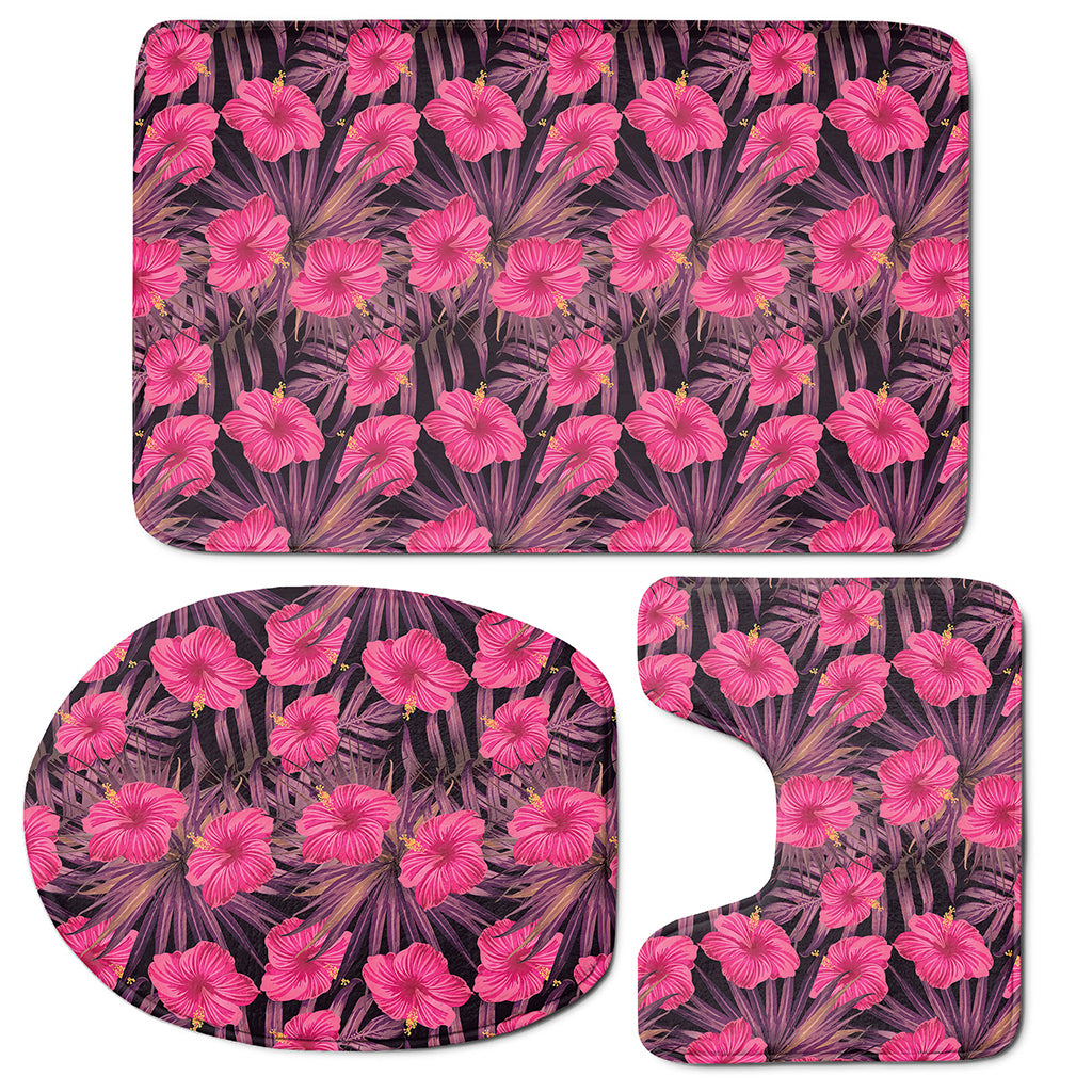Pink Hawaiian Hibiscus Pattern Print 3 Piece Bath Mat Set