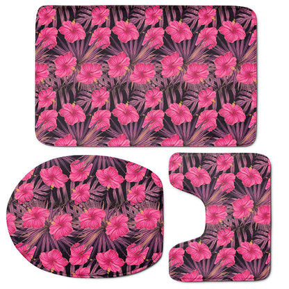 Pink Hawaiian Hibiscus Pattern Print 3 Piece Bath Mat Set