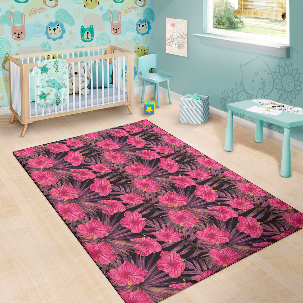 Pink Hawaiian Hibiscus Pattern Print Area Rug
