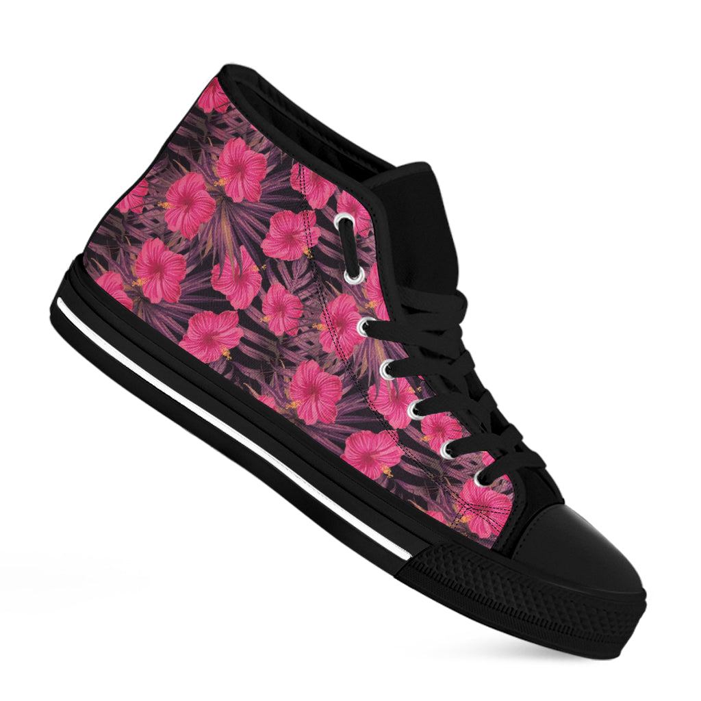 Pink Hawaiian Hibiscus Pattern Print Black High Top Shoes