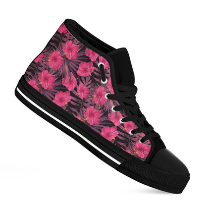 Pink Hawaiian Hibiscus Pattern Print Black High Top Shoes