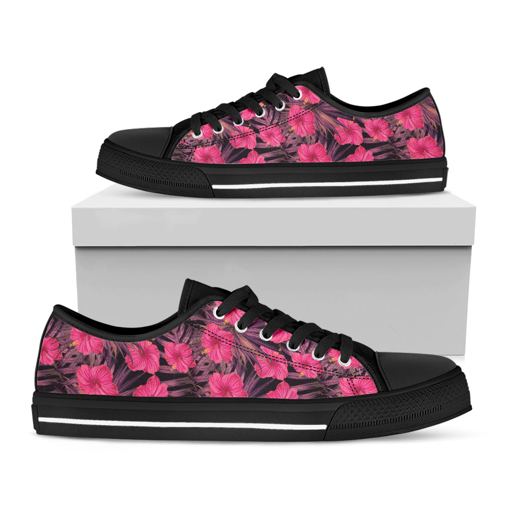 Pink Hawaiian Hibiscus Pattern Print Black Low Top Shoes