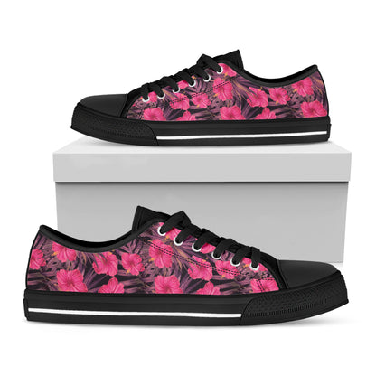 Pink Hawaiian Hibiscus Pattern Print Black Low Top Shoes