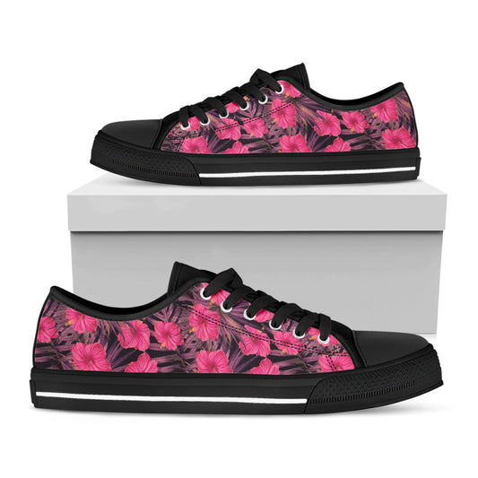 Pink Hawaiian Hibiscus Pattern Print Black Low Top Shoes
