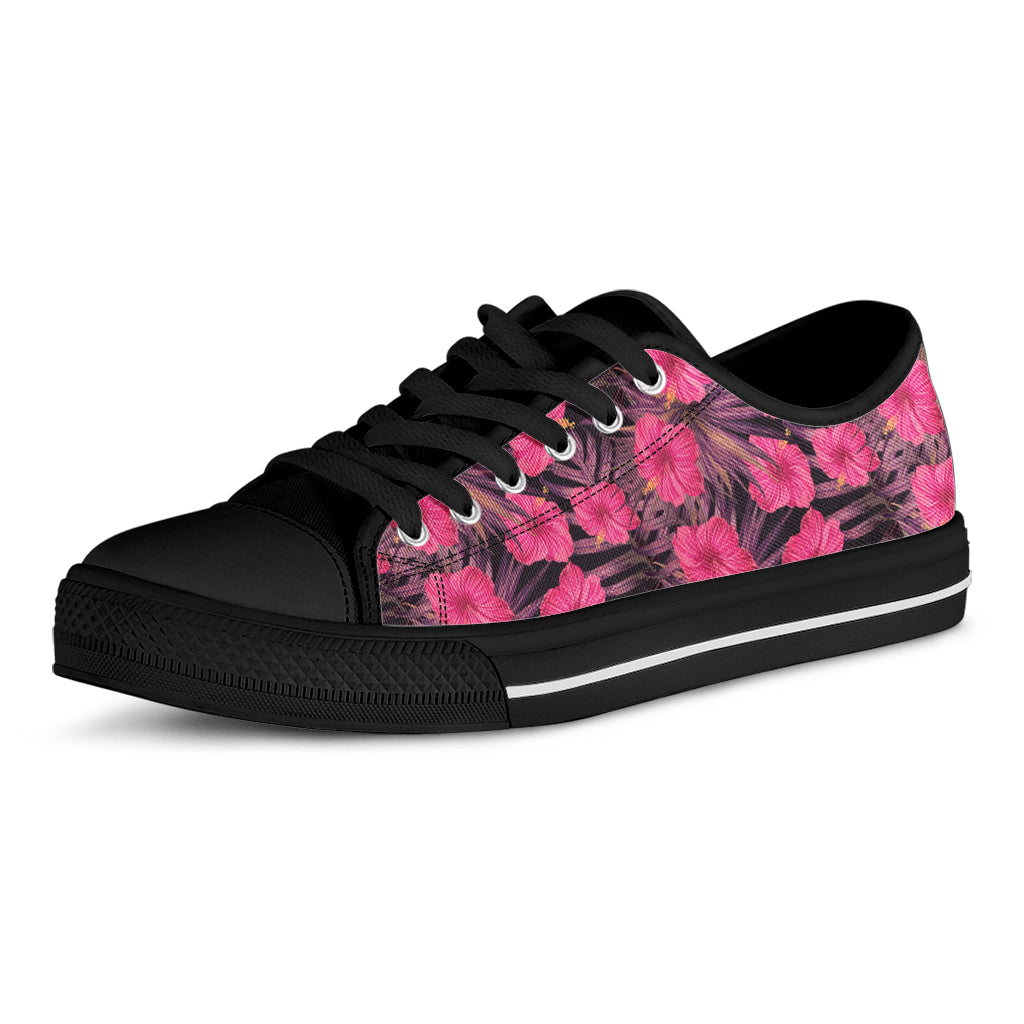 Pink Hawaiian Hibiscus Pattern Print Black Low Top Shoes