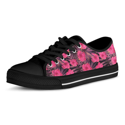 Pink Hawaiian Hibiscus Pattern Print Black Low Top Shoes