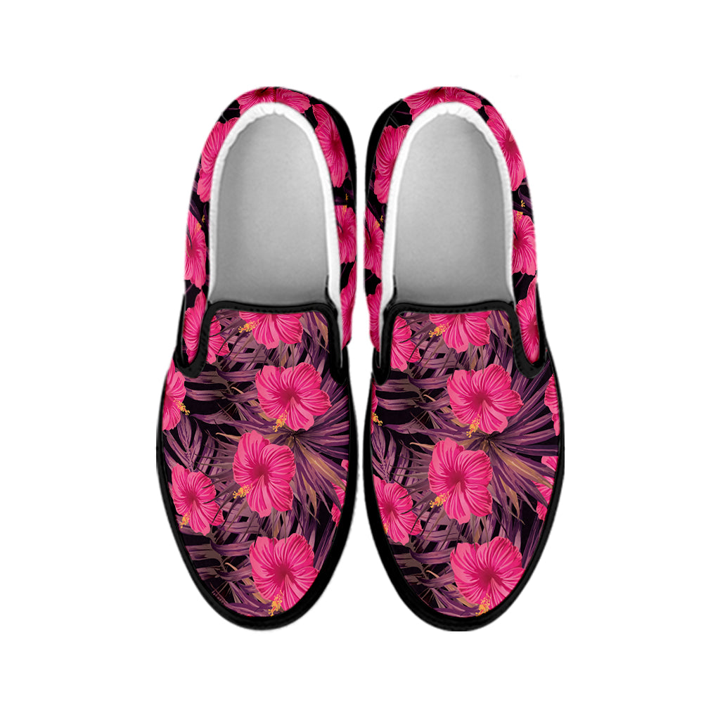 Pink Hawaiian Hibiscus Pattern Print Black Slip On Shoes
