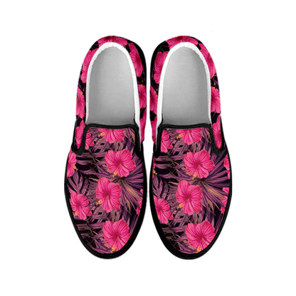 Pink Hawaiian Hibiscus Pattern Print Black Slip On Shoes