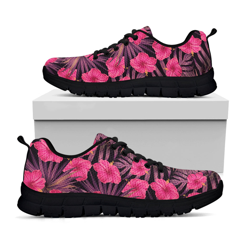 Pink Hawaiian Hibiscus Pattern Print Black Sneakers