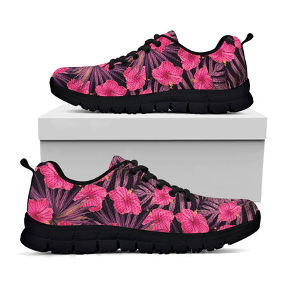 Pink Hawaiian Hibiscus Pattern Print Black Sneakers