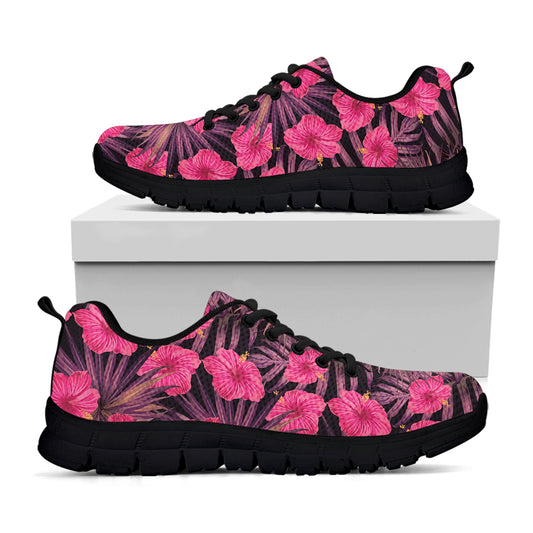 Pink Hawaiian Hibiscus Pattern Print Black Sneakers