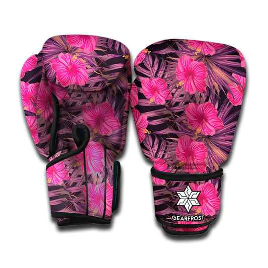 Pink Hawaiian Hibiscus Pattern Print Boxing Gloves